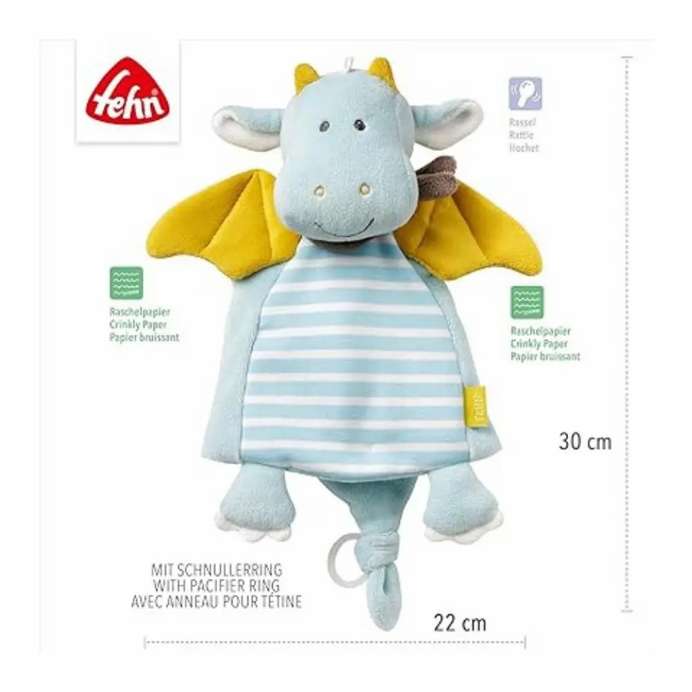 Peluche drago blu e giallo con ali. Dimensioni: 30x22 cm. Con anello portaciuccio. Marchio: fehn.