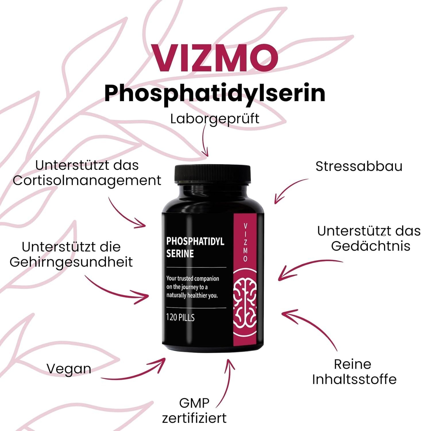 Flacone nero di capsule Vizmo Fosfatidilserina. 120 pillole. Certificato GMP. Vegano.