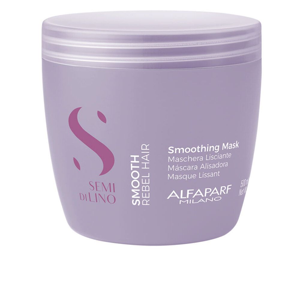 Vaso lilla con coperchio. Scritta: Semi Di Lino, Smooth Rebel Hair, Smoothing Mask, Alfaparf Milano.