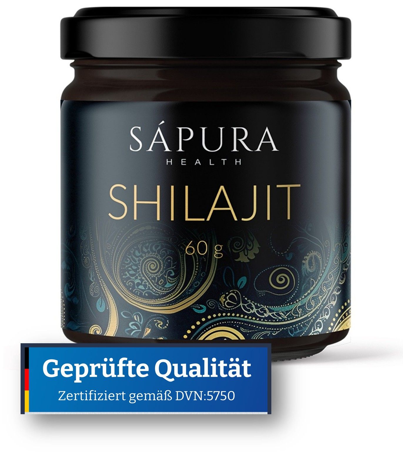 Vaso scuro con coperchio nero. Scritta: SHILAJIT, 60g. Sotto: Qualità certificata, Certificato secondo DVN:5750.