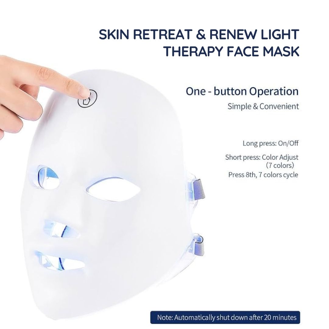 Maschera per il viso a LED bianca con pannello di controllo. Testo: Skin Retreat & Renew Light Therapy Face Mask.
