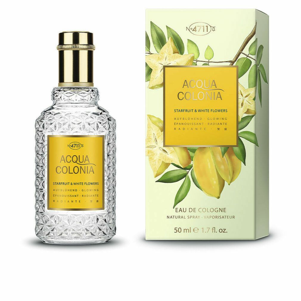 Flacone di vetro con tappo dorato ed etichetta gialla. Accanto, una scatola con motivo di carambola. Scritta: Acqua Colonia.