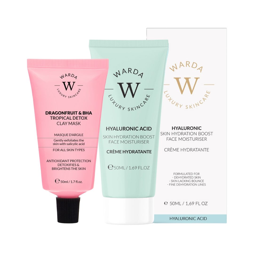 Tubo rosa con tappo nero, tubo verde, scatola bianca. Scritto: Warda Luxury Skincare, Acido Ialuronico, Crema idratante.
