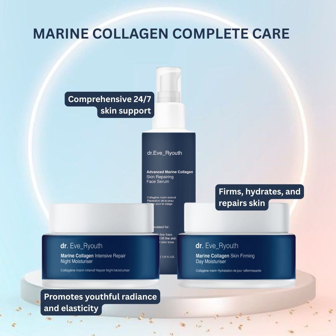 Set con siero e due creme. Contenitori blu scuro con coperchi bianchi. Testo: Dr. Eve_Ryouth, Marine Collagen. Testo aggiuntivo: Marine Collagen Complete Care.