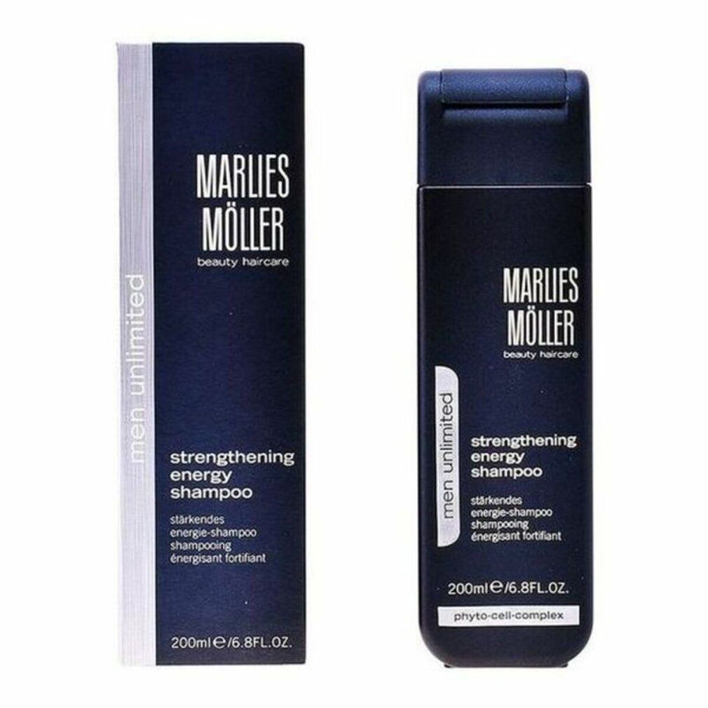 Flacone di shampoo e confezione affiancati. Flacone: blu scuro, tappo a ribalta. Confezione: bianca/blu scuro. Scritta: Marlies Möller, Men Unlimited, Shampoo. 200ml.