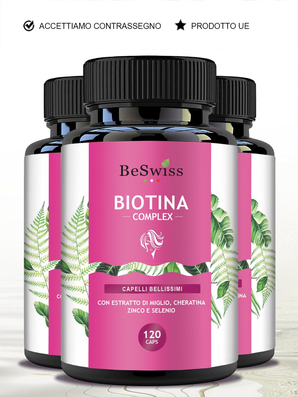 Tre flaconi BeSwiss Biotina Complex. Etichetta rosa con informazioni e motivi vegetali. Tappi neri. 120 capsule.