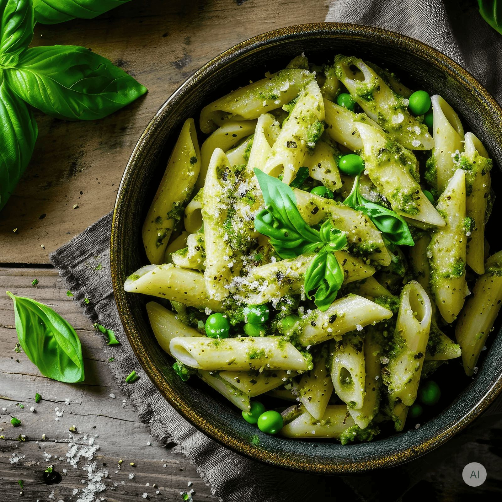 Pasta Penne Rigate cotta con pesto, piselli e basilico in una ciotola.