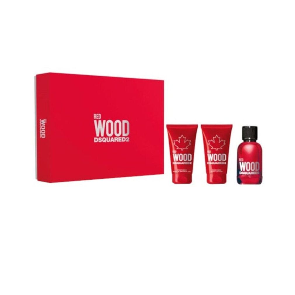 Set regalo rosso "RED WOOD DSQUARED2". Contiene due tubi, una bottiglia e una scatola. Tutti gli elementi sono rossi.