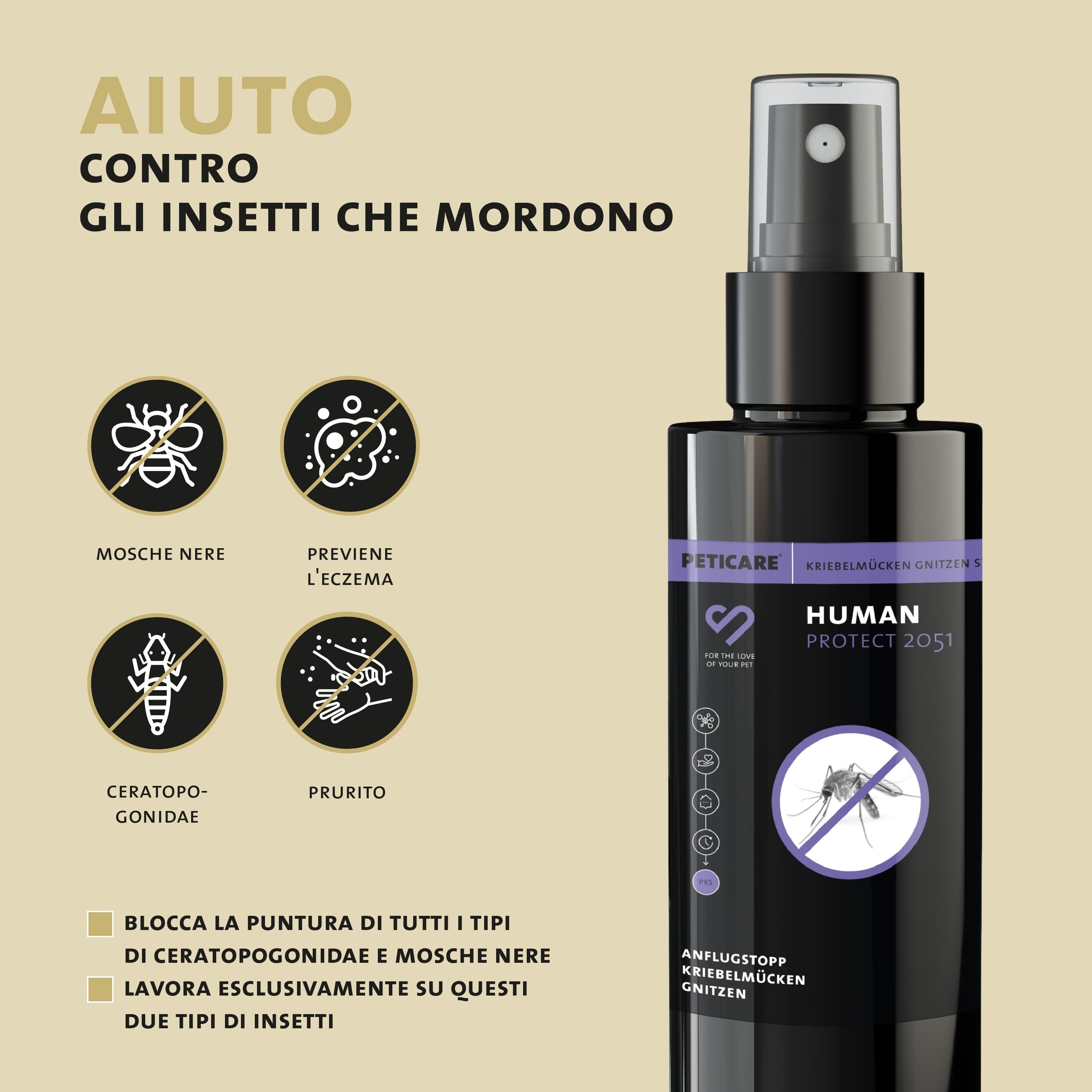 Spray PETICARE contro insetti. Icone: mosche nere, ceratopogonidi, prurito, eczema. Flacone spray.