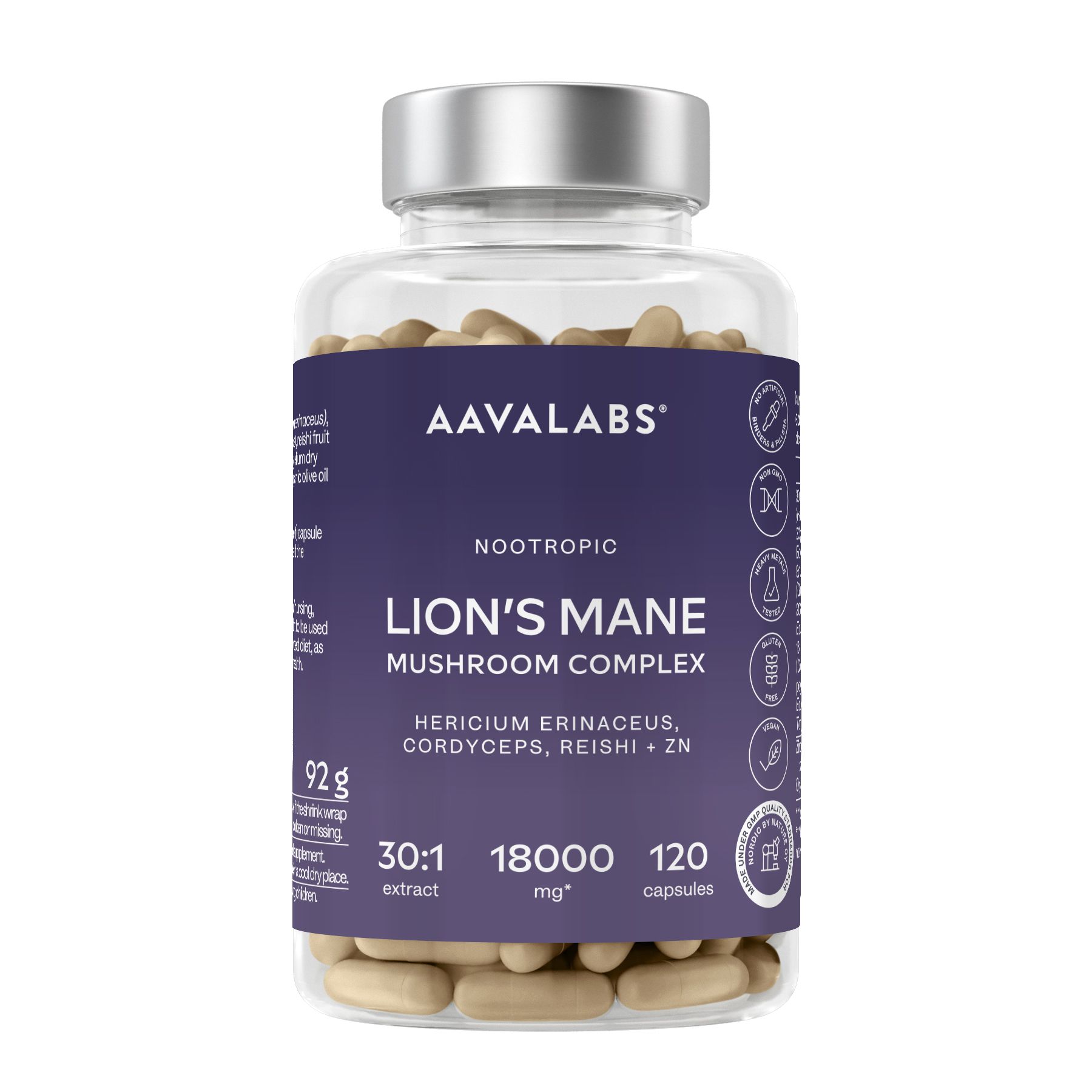 Flacone trasparente di capsule. Scritta: AAVALABS, Lion's Mane, Mushroom Complex, 120 capsule.