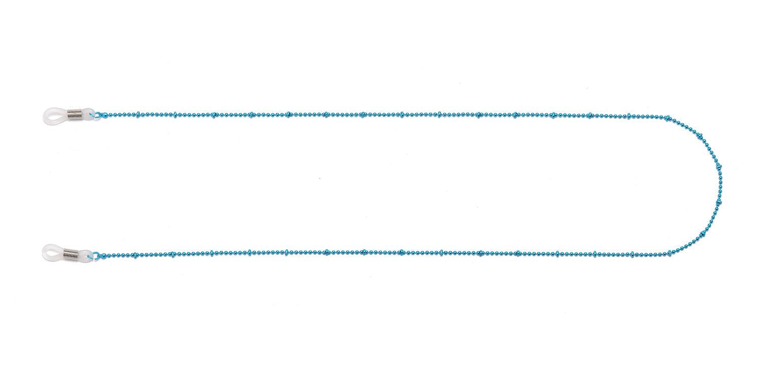 Catenina per occhiali turchese con design a sfera ed estremità metalliche. Su sfondo bianco, a forma di U.