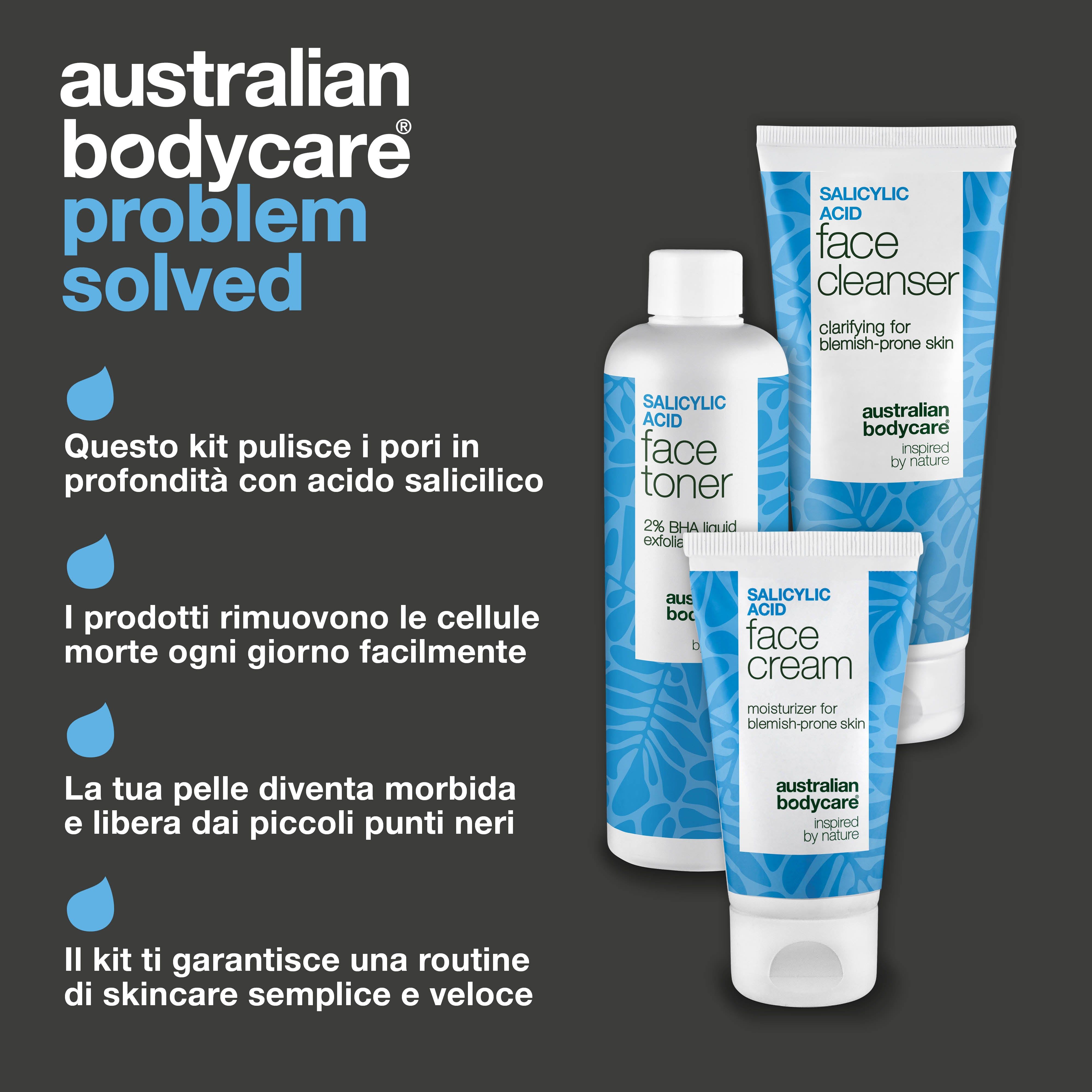 Tre prodotti Australian Bodycare: tonico, detergente e crema viso. Testo: problema risolto.