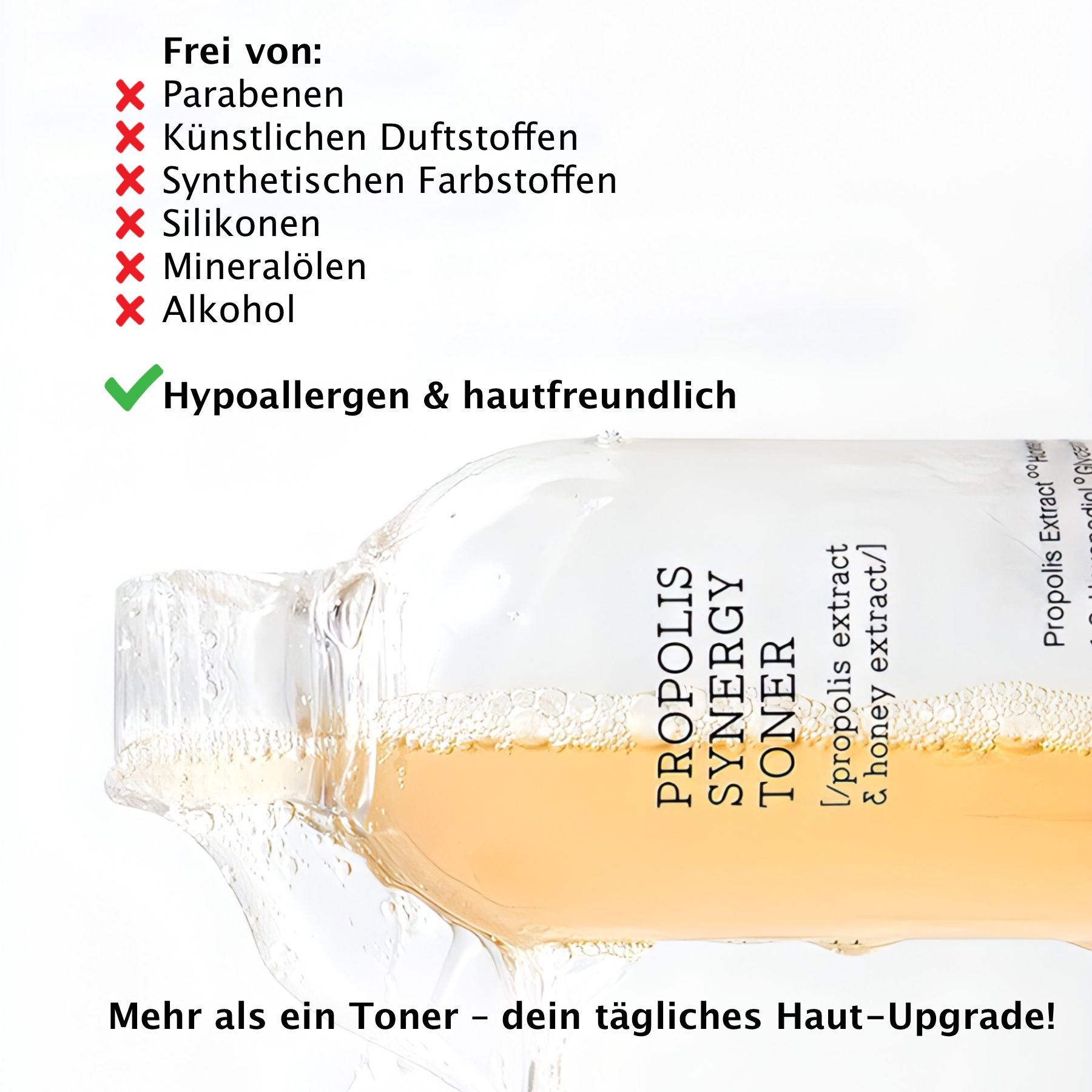 Flacone del prodotto con testo. Il testo mostra che il prodotto è privo di parabeni, profumi, coloranti, siliconi, oli minerali e alcol.