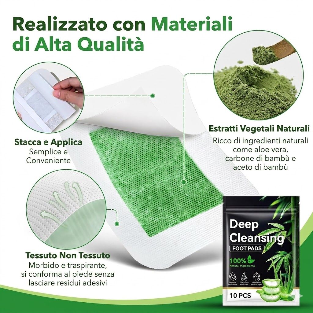 Cerotto per i piedi, primo piano. Testo: Realizzato con Materiali di Alta Qualità. Tessuto non tessuto. Confezione da 10 pezzi.