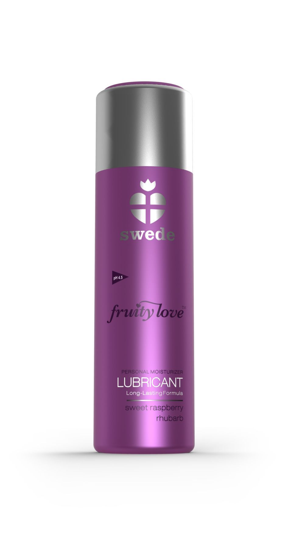 Flacone viola con tappo argentato. Scritta: swede, fruity love, LUBRICANT. pH 4.5. Lampone/rabarbaro.