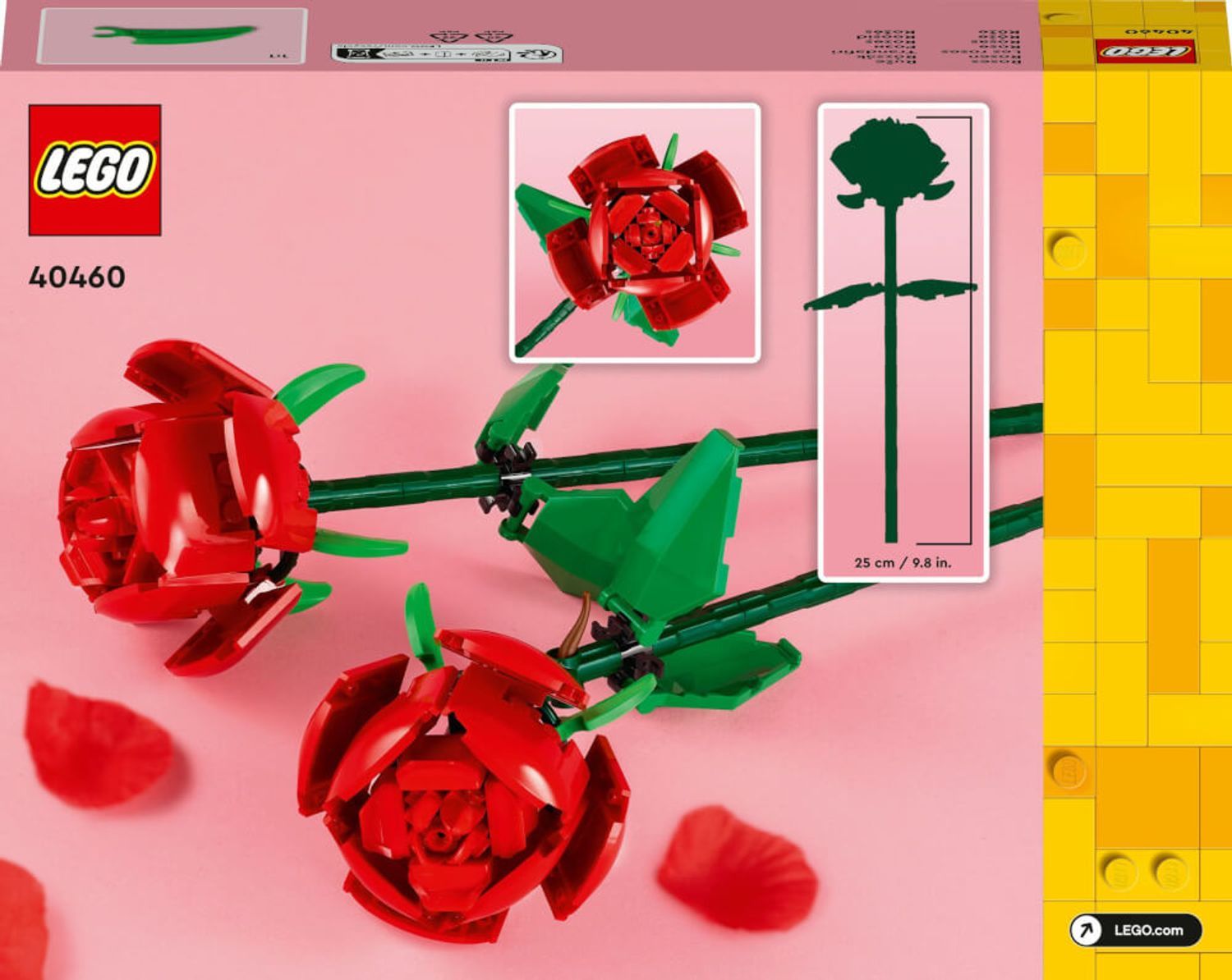 Set LEGO con rose rosse, foglie e steli verdi. Confezione con logo e numero prodotto.