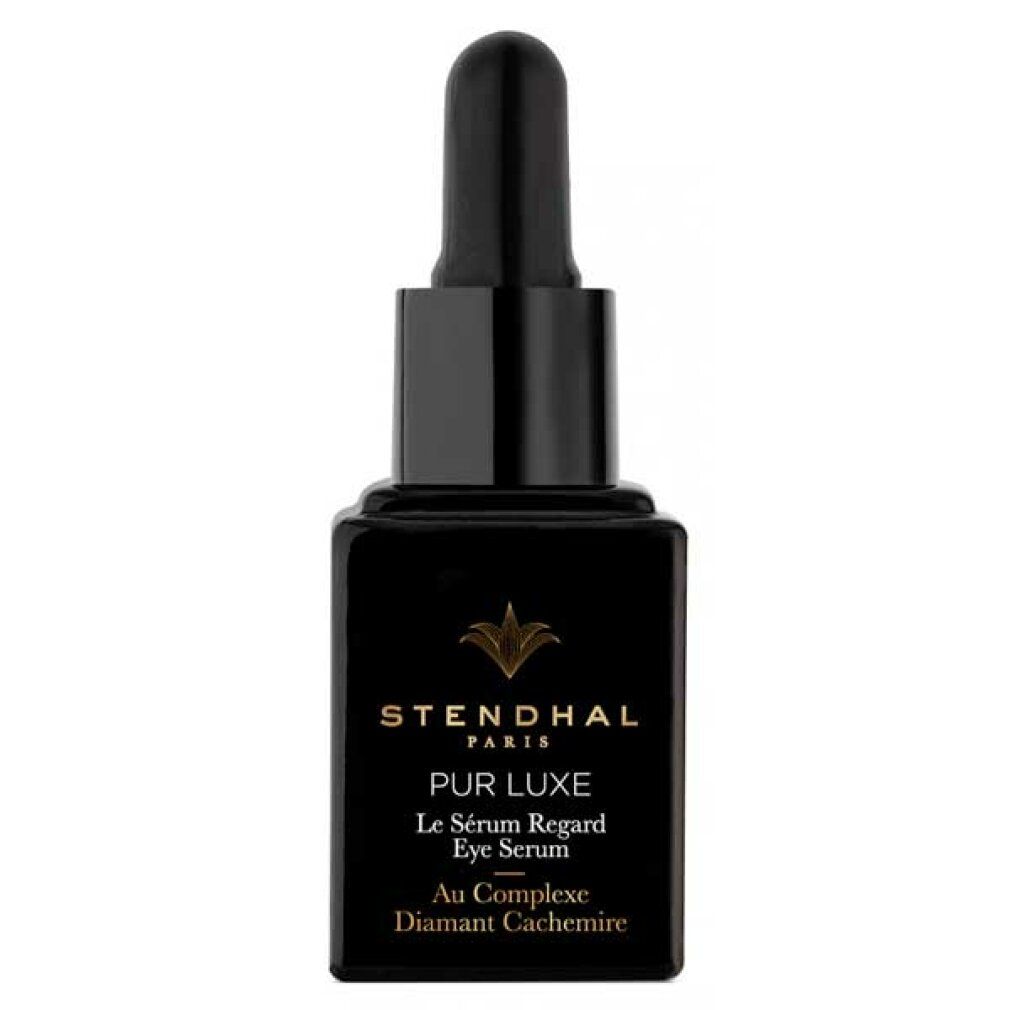 Flacone nero con pipetta. Scritta: Stendhal Paris, Pur Luxe, Le Sérum Regard Eye Serum, Au Complexe Diamant Cachemire.