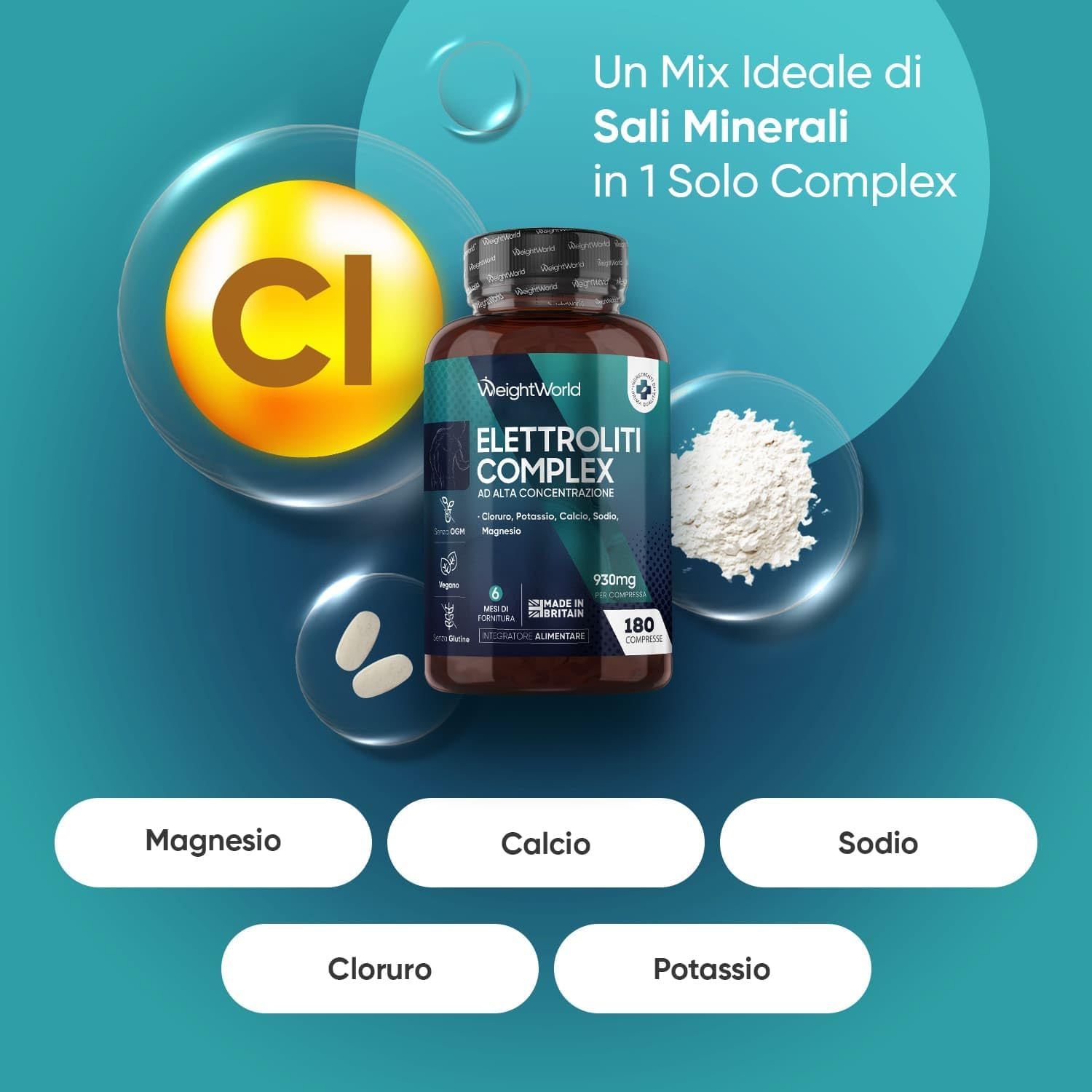 Immagine del prodotto con flacone Elektrolyt Komplex, compresse e polvere. Testo: Elektroliti, 180 compresse.