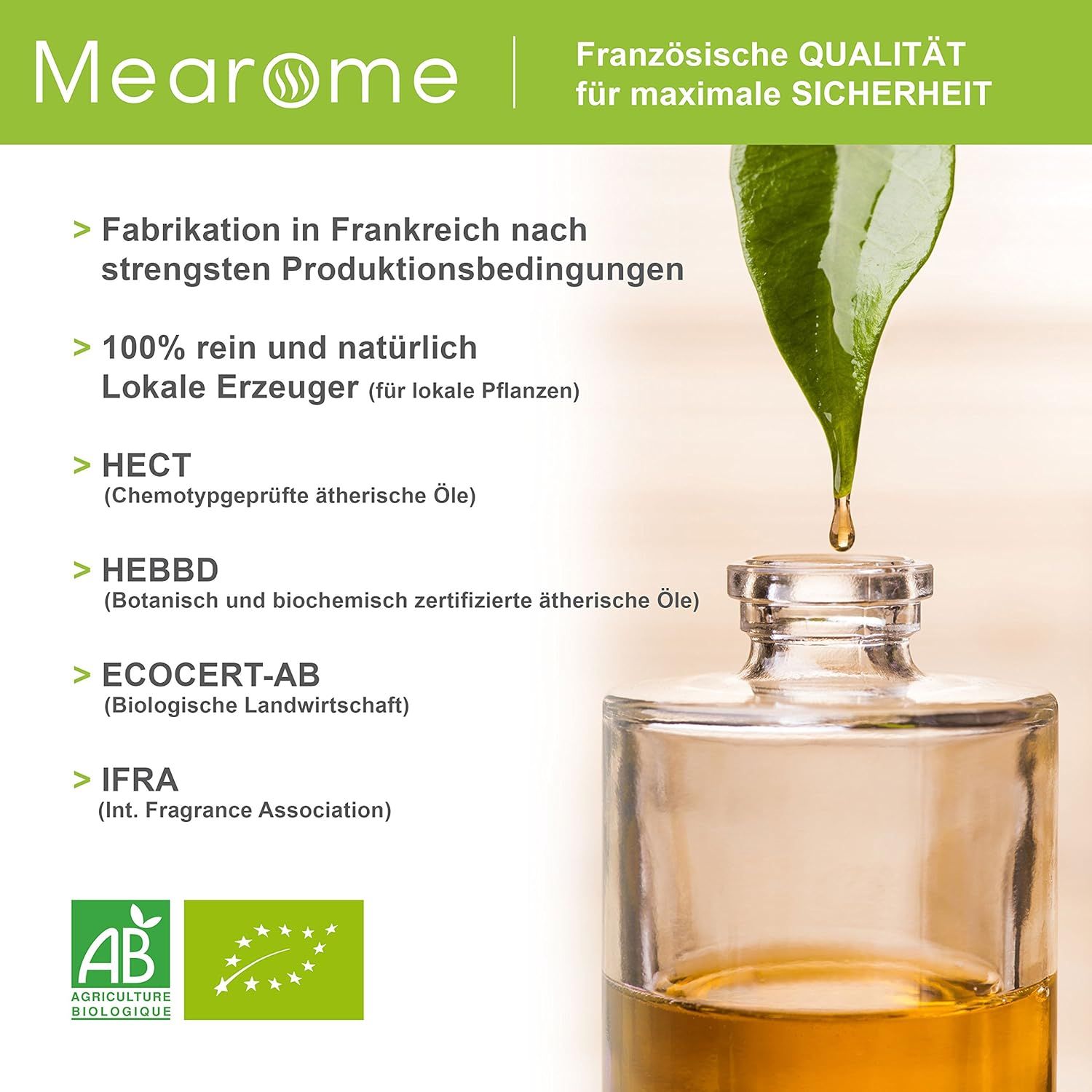 Flacone del prodotto con testo e certificazioni. Goccia d'olio. Foglie verdi.