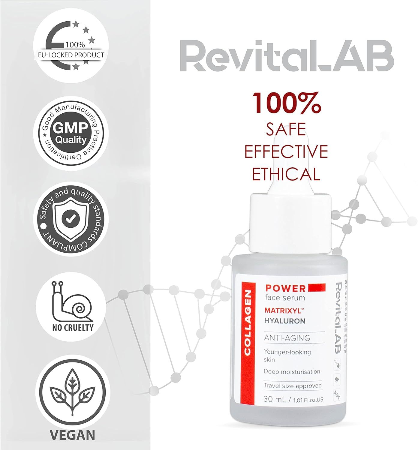Flacone di siero con tappo bianco. Scritta: RevitaLAB, Power Face Serum, Collagene, Matrixyl, Hyaluron. Loghi: UE, GMP, Vegan.