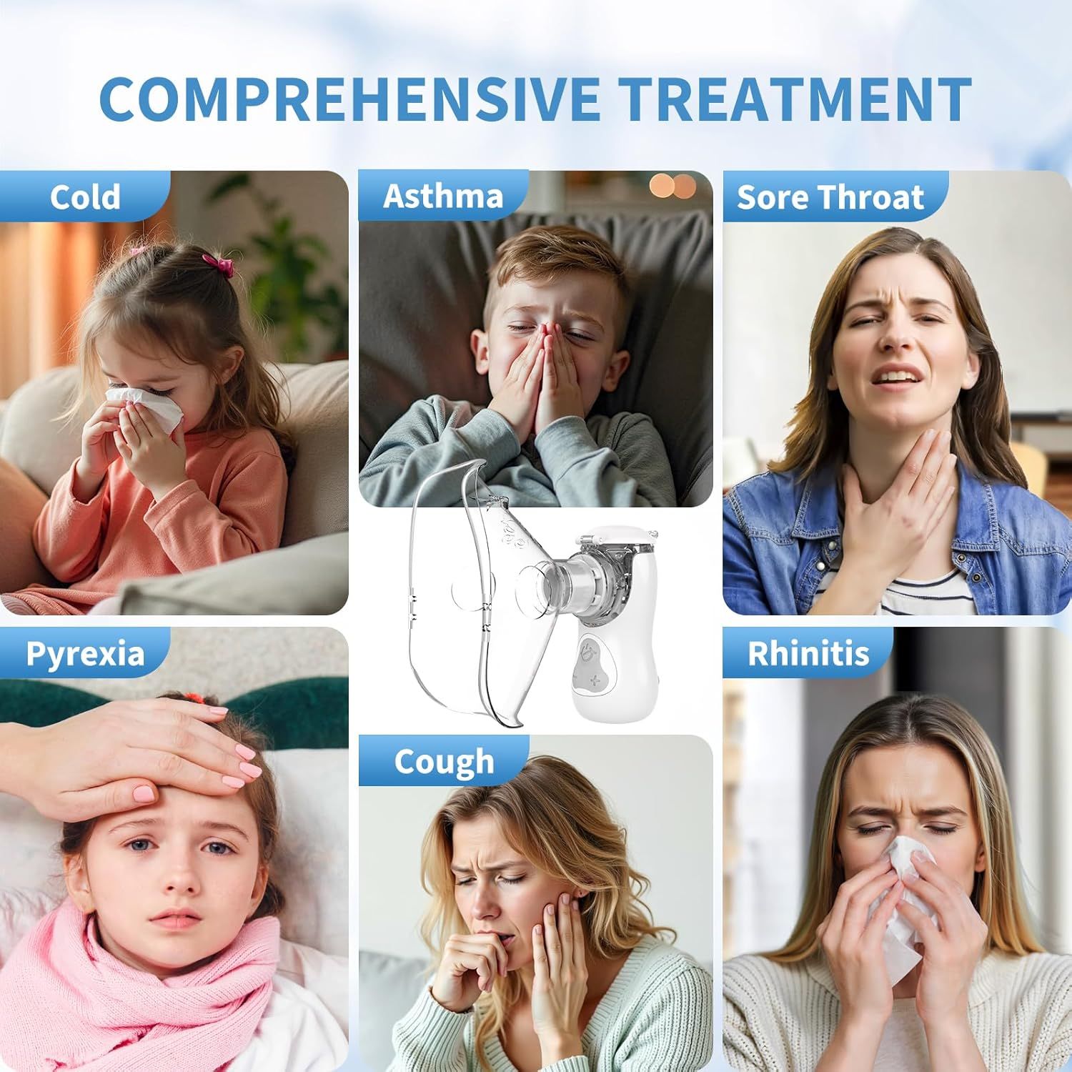 Sei immagini con persone e sintomi. Testo: COMPREHENSIVE TREATMENT. Raffreddore, asma, mal di gola, ecc.