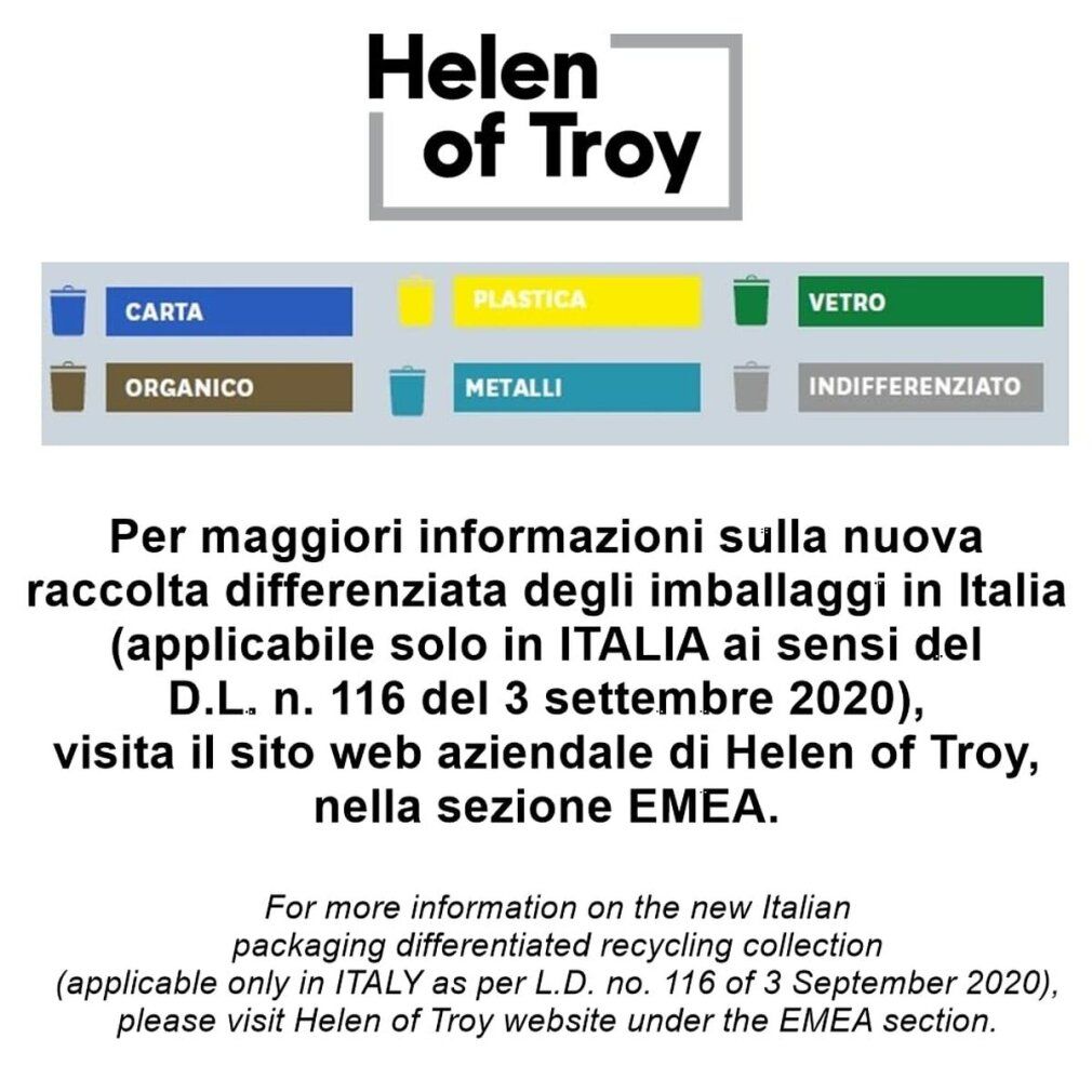 Informazioni sulla raccolta differenziata degli imballaggi in Italia. Testo in italiano e inglese. Loghi dei diversi tipi di rifiuti.