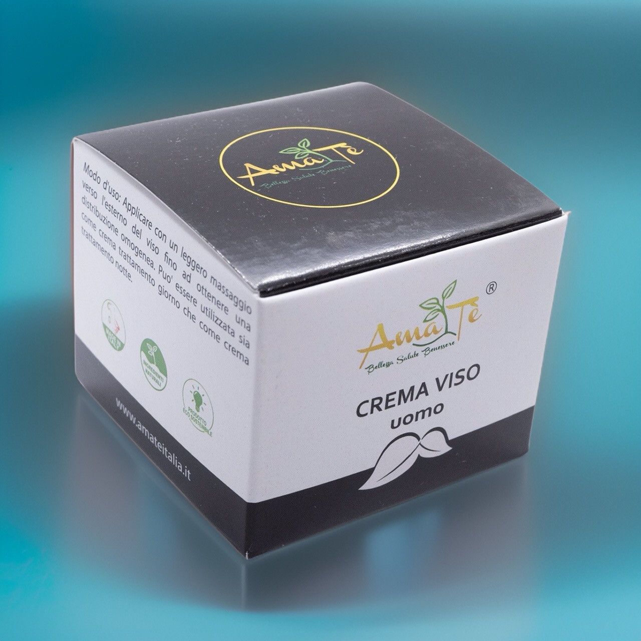 Scatola quadrata. Bianco e nero con logo e testo: "CREMA VISO uomo".