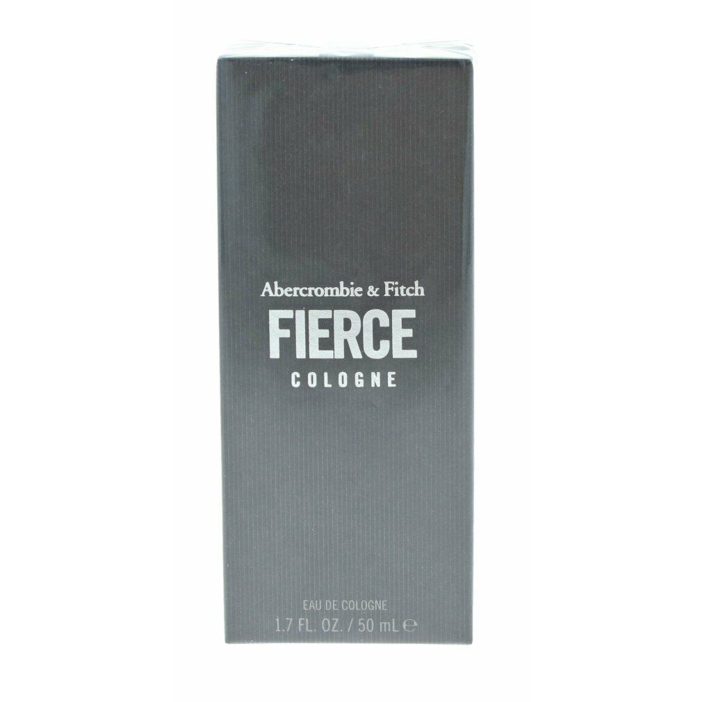 Confezione grigia Abercrombie & Fitch Fierce Cologne. Logo e testo bianchi. Testo: Eau de Cologne, 1.7 fl. oz. / 50 ml.