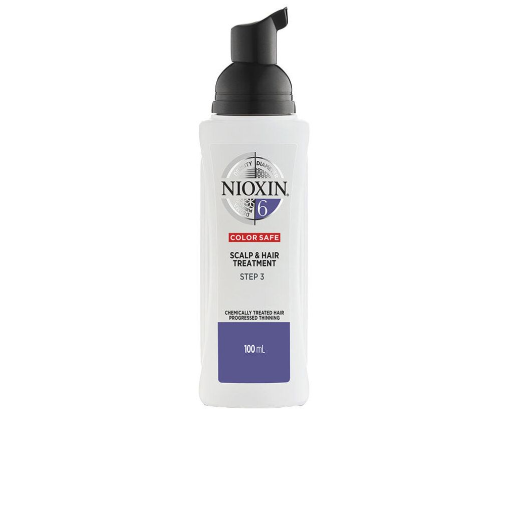 Flacone bianco con erogatore nero. Scritta Nioxin 6, Scalp & Hair Treatment. Protezione colore. Per capelli trattati chimicamente.