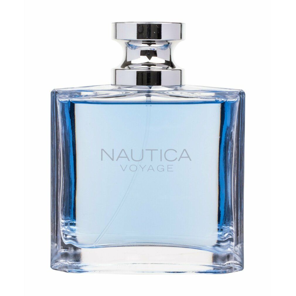 Flacone quadrato blu con tappo argentato. Scritta: NAUTICA VOYAGE. Flacone in vetro trasparente con liquido blu.