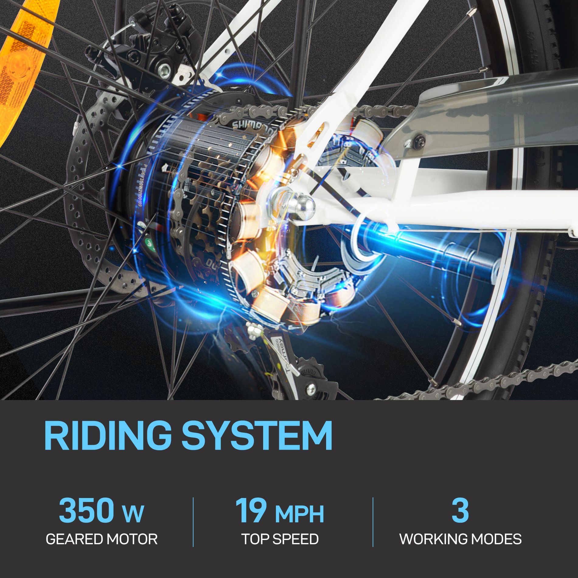 Primo piano della ruota posteriore di una e-bike. Testo: 350W, 19 MPH, 3 modalità.