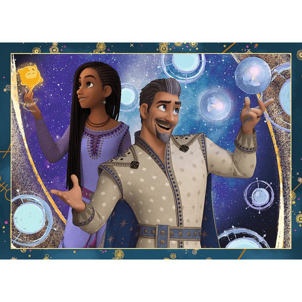 Immagine di un puzzle che mostra una donna con trecce e un uomo con la barba. Entrambi indicano sfere blu. Sfondo: stelle e cerchi blu.