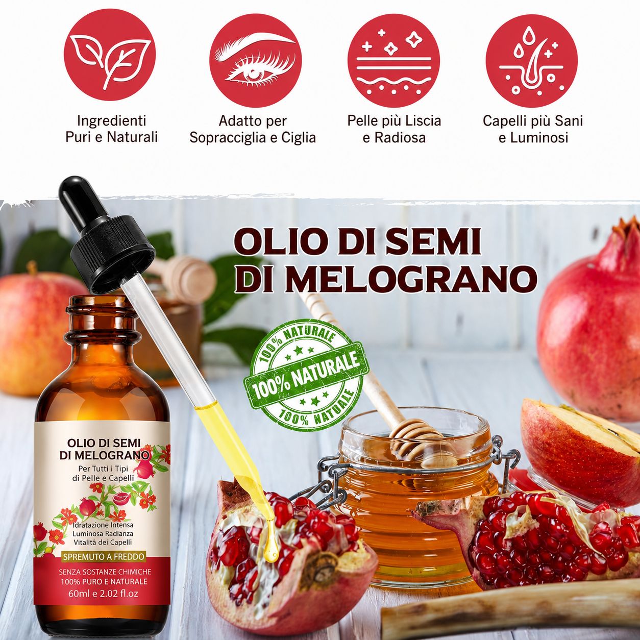 Flacone marrone con contagocce di olio di semi di melograno. Testo: Olio di Semi di Melograno, 100% Naturale. Melograno, miele, foglie.