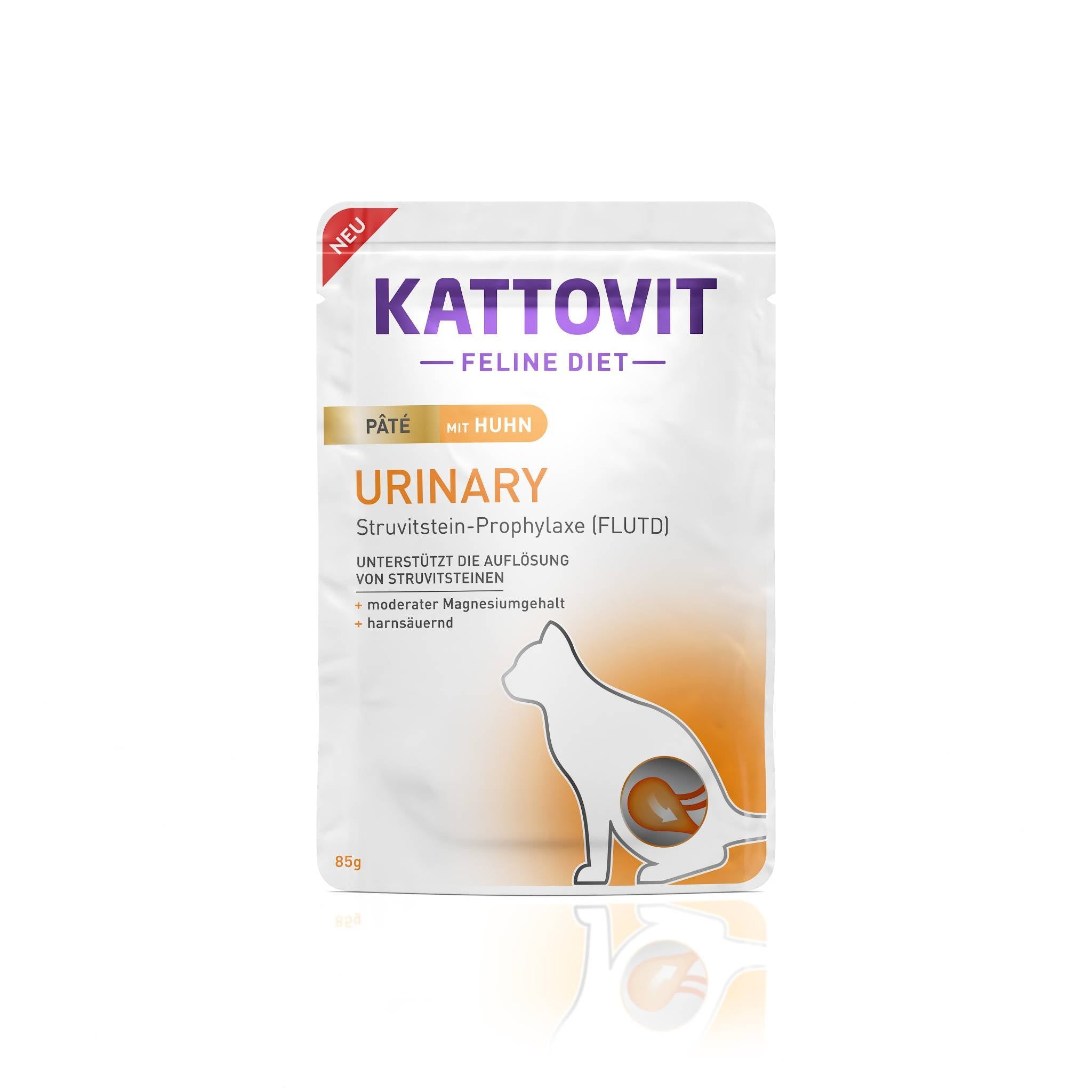 Confezione KATTOVIT Urinary Paté Huhn. Bianca, con logo e nome del prodotto. Contiene l'illustrazione di un gatto e informazioni sul prodotto.