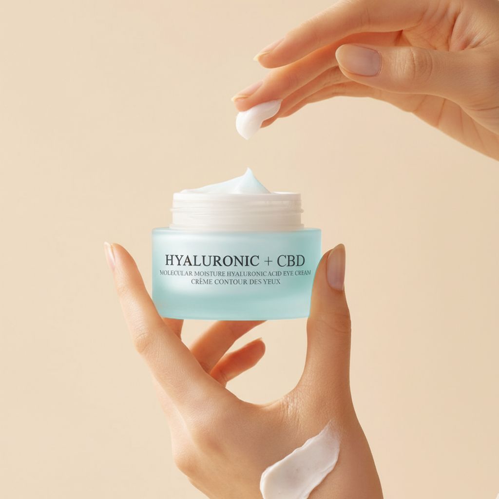 Mani che tengono un vasetto di crema aperto. Un dito preleva la crema. Scritta: HYALURONIC + CBD, Molecular Moisture Hyaluronic Acid Eye Cream.