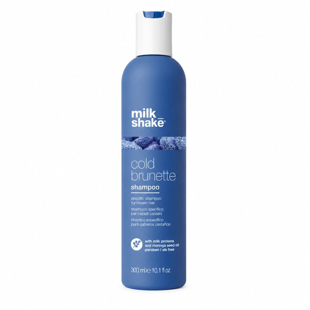 Milk Shake Cold Brunette Shampoo, 300ml. Flacone blu scuro con tappo bianco a scatto, testo in italiano.