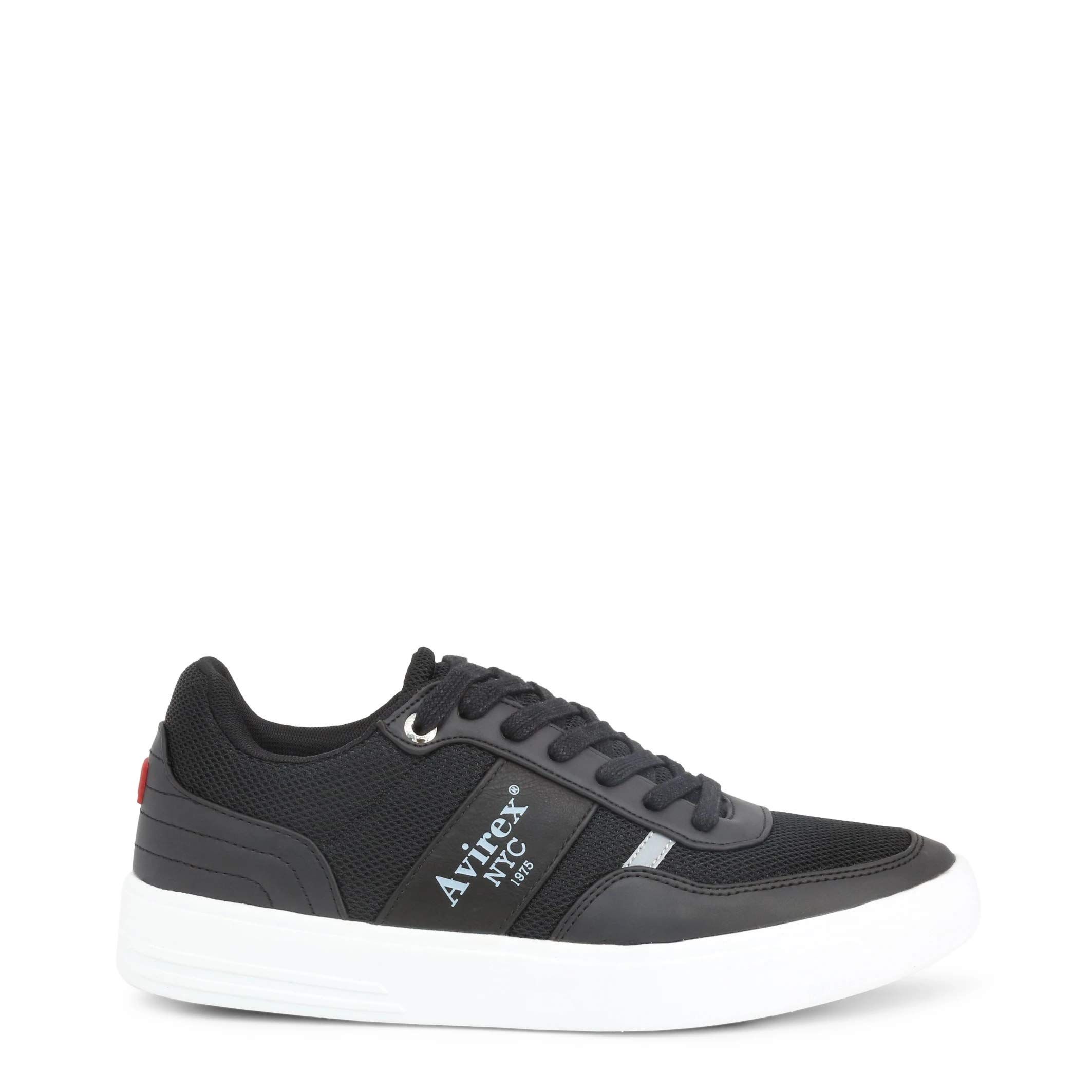 Sneakers nere con striscia marrone e scritta Aviirex NYC. Accenti rossi. Lacci.