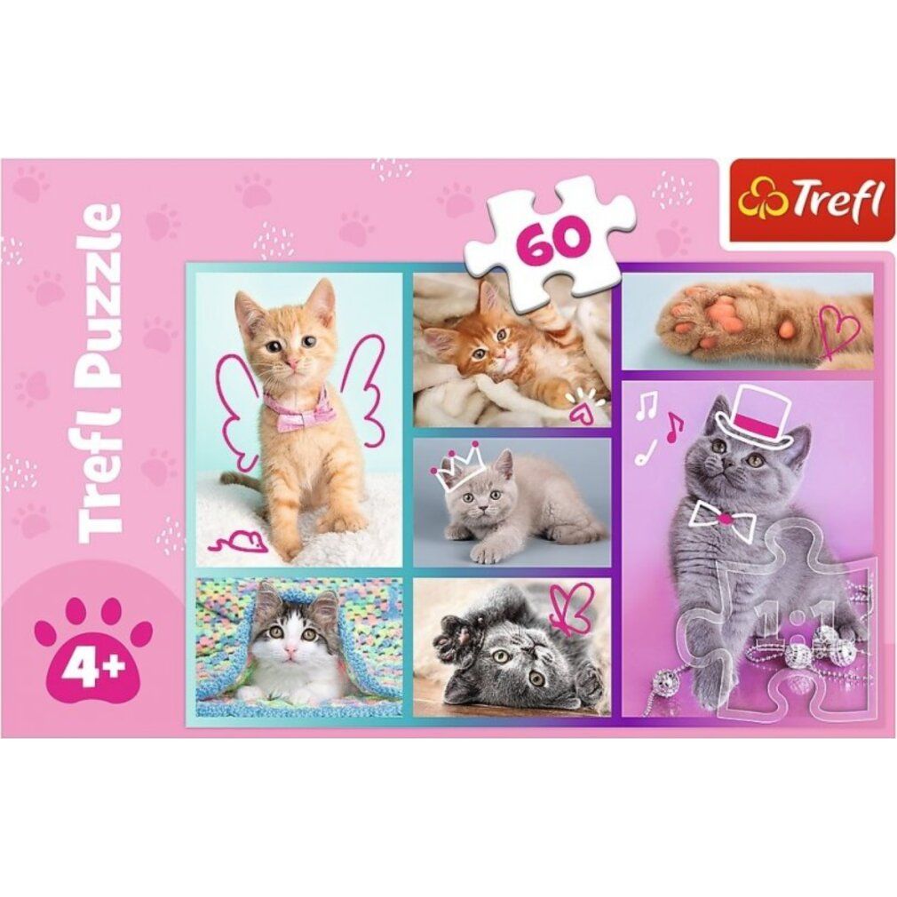 Trefl Puzzle de petits chats mignons, 60 pezzi. Confezione rosa con gatti. Consigliato per i 4+. Pezzo di puzzle in alto.