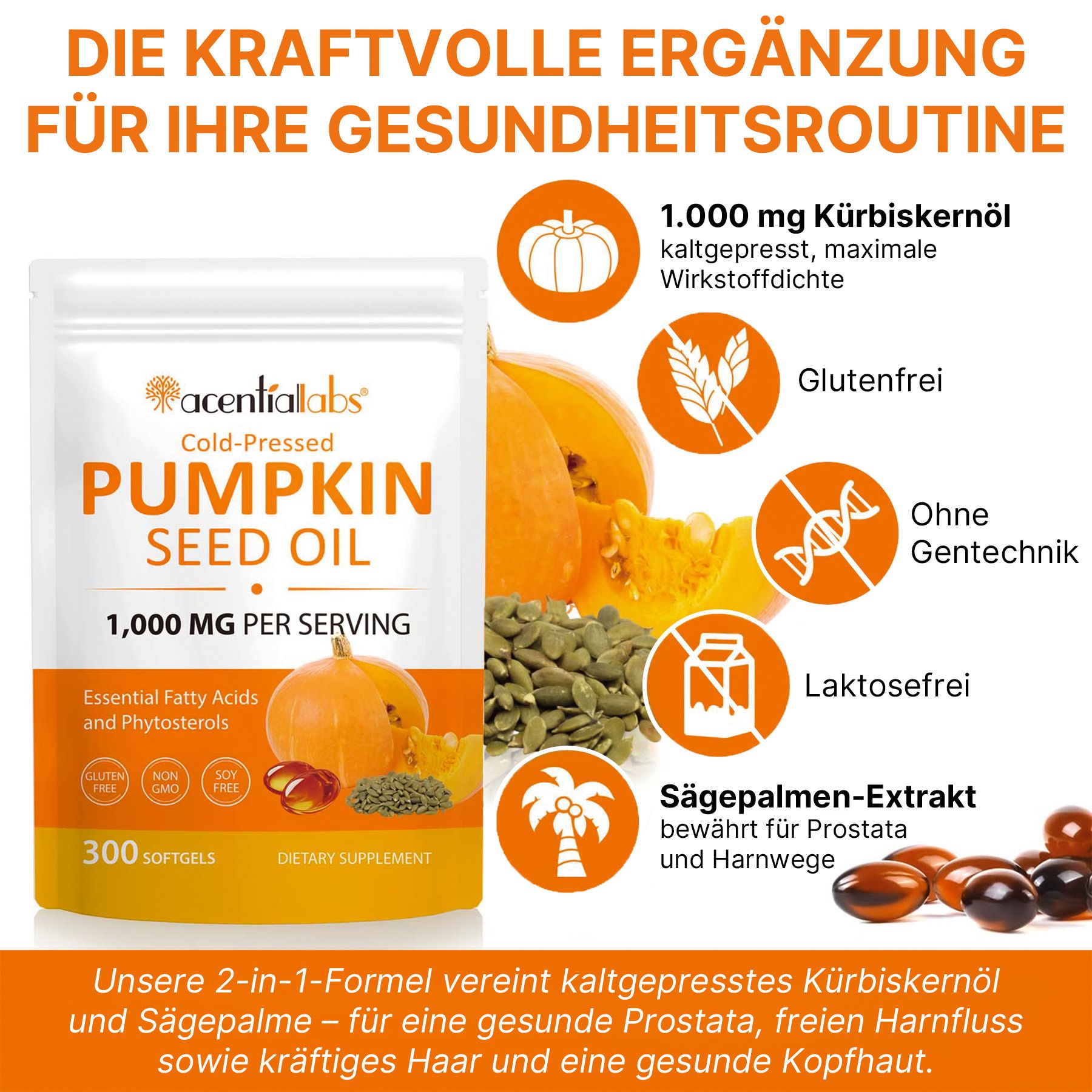 Acentiallabs  Capsule softgel all'olio di semi di zucca e olio di saw palmetto per la salute