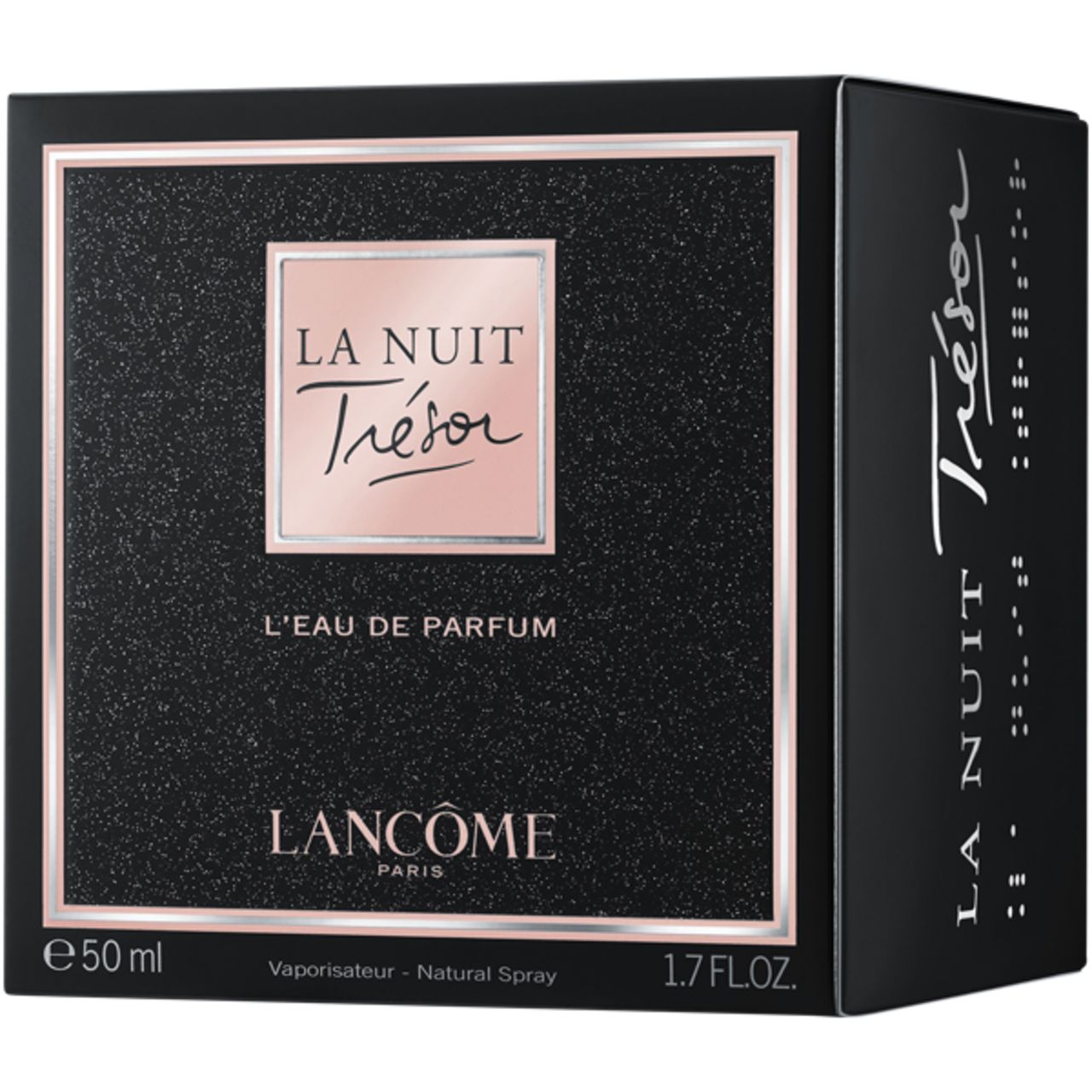Scatola nera con etichetta rosa. Scritta: La Nuit Trésor, L'Eau de Parfum, Lancôme Paris. In basso: 50 ml, 1.7 FL.OZ.
