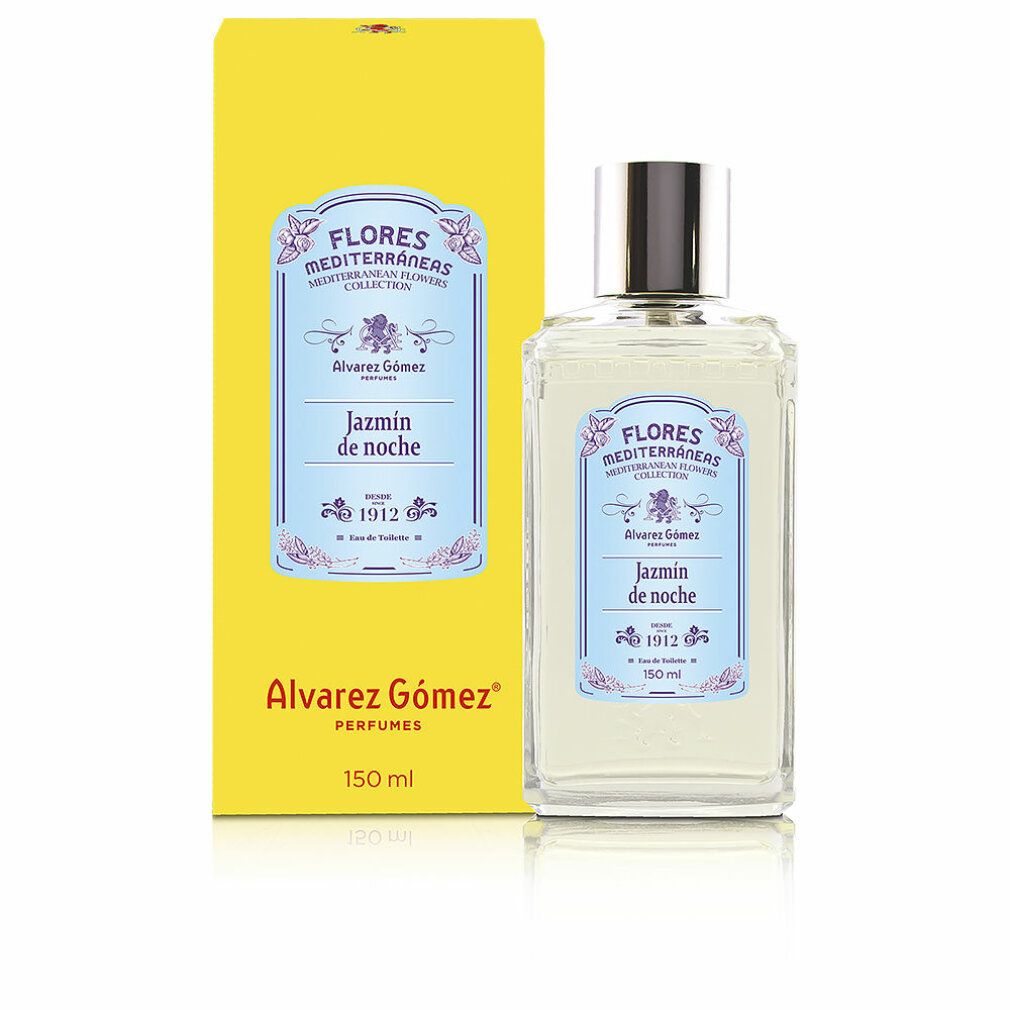 Alvarez Gómez Jazmín de Noche, flacone e scatola. Scatola gialla, flacone rettangolare con tappo argentato. 150 ml.