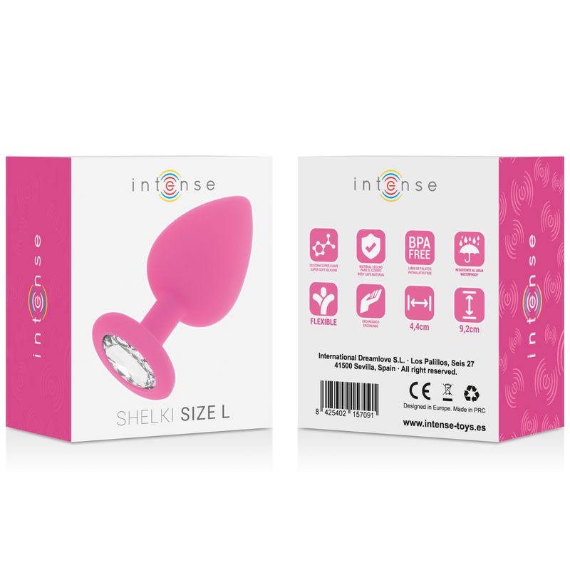 Confezione e plug anale. Sulla confezione c'è scritto 'Intense Shelki Size L'. Plug con decorazione in cristallo. Rosa.