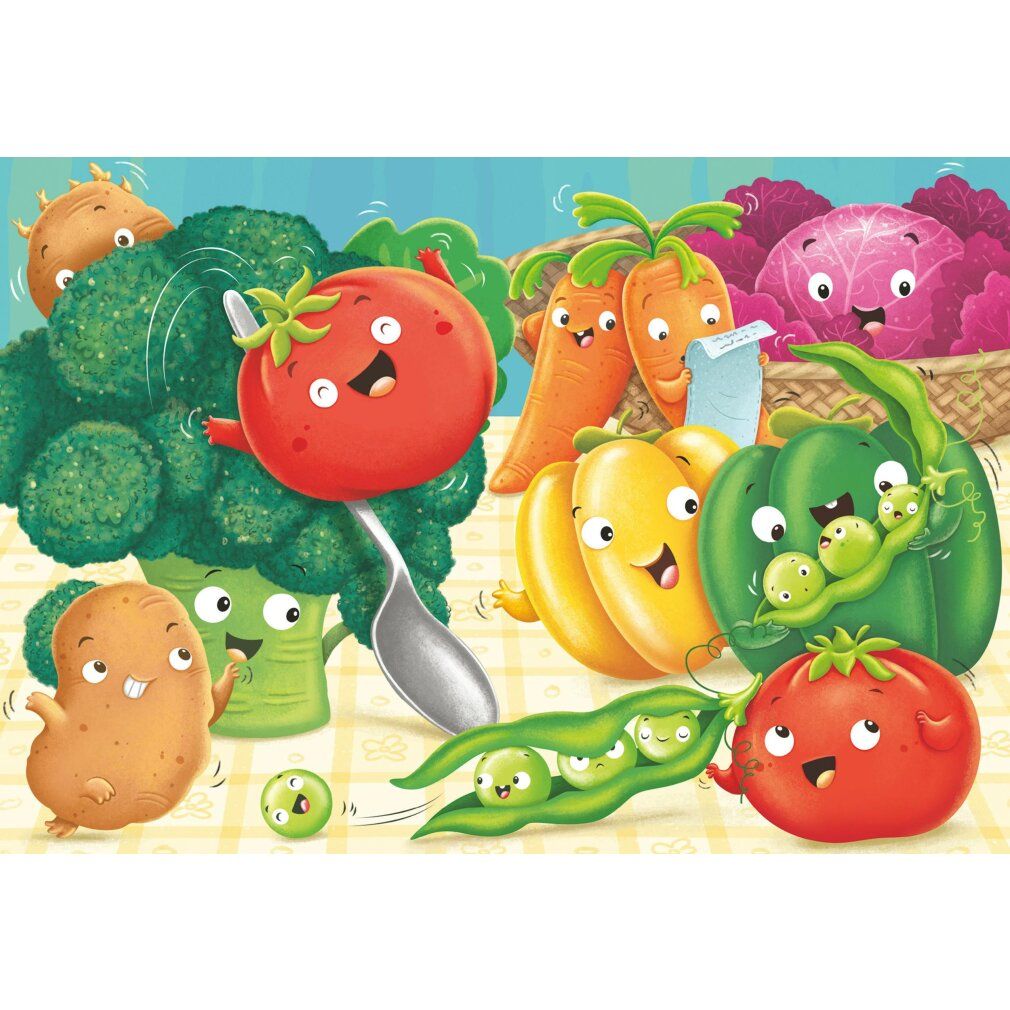 Puzzle con motivo di verdure. Diverse verdure con facce. Senza confezione.