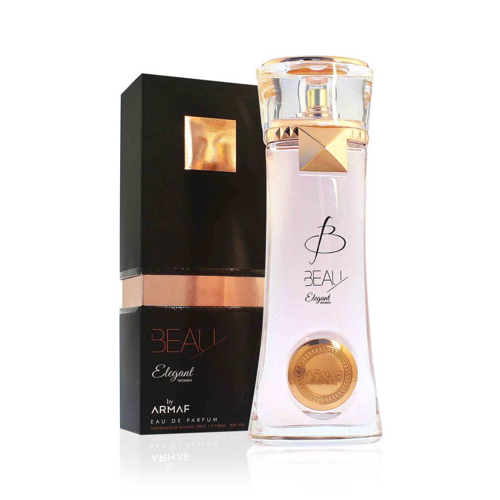 Flacone di profumo e confezione. Flacone con contenuto rosa, dettagli dorati. Confezione nera con dettagli dorati e nome del prodotto.