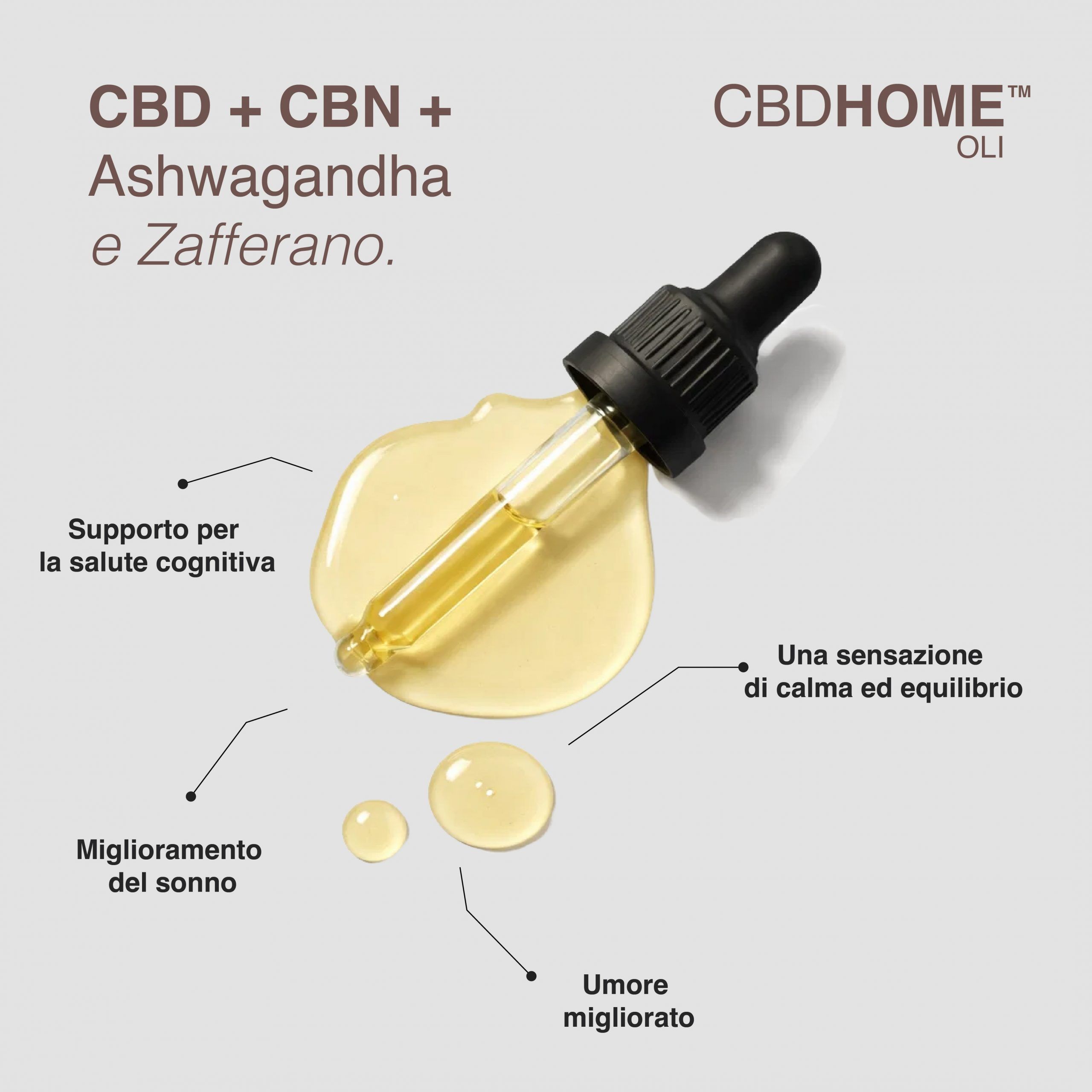 Olio CBD HOME con contagocce su gocce d'olio. Testo: CBD + CBN + Ashwagandha e Zafferano.