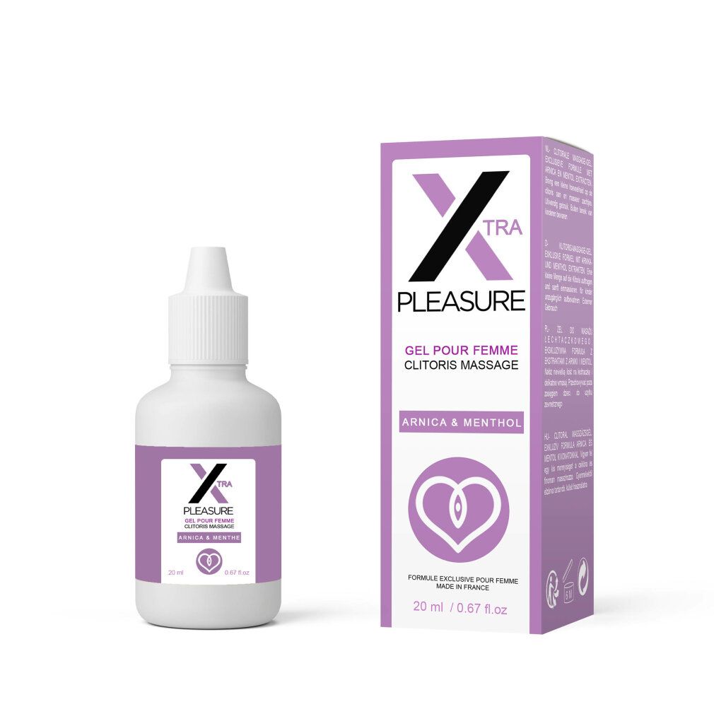 Prodotto e confezione. Flacone e scatola viola. Scritta: Xtra Pleasure, Gel per clitoride. 20 ml.