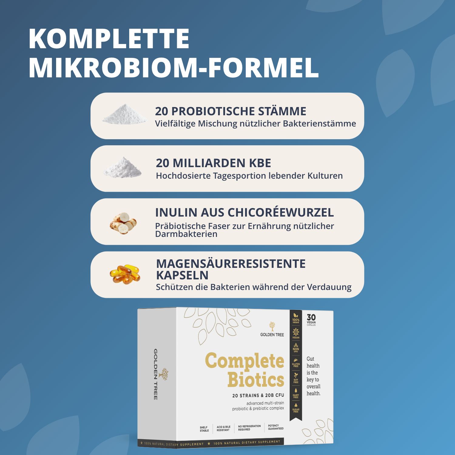 Grafica sui benefici di Golden Tree Complete Biotics: 20 ceppi, 20 miliardi UFC, inulina, capsule resistenti agli acidi.