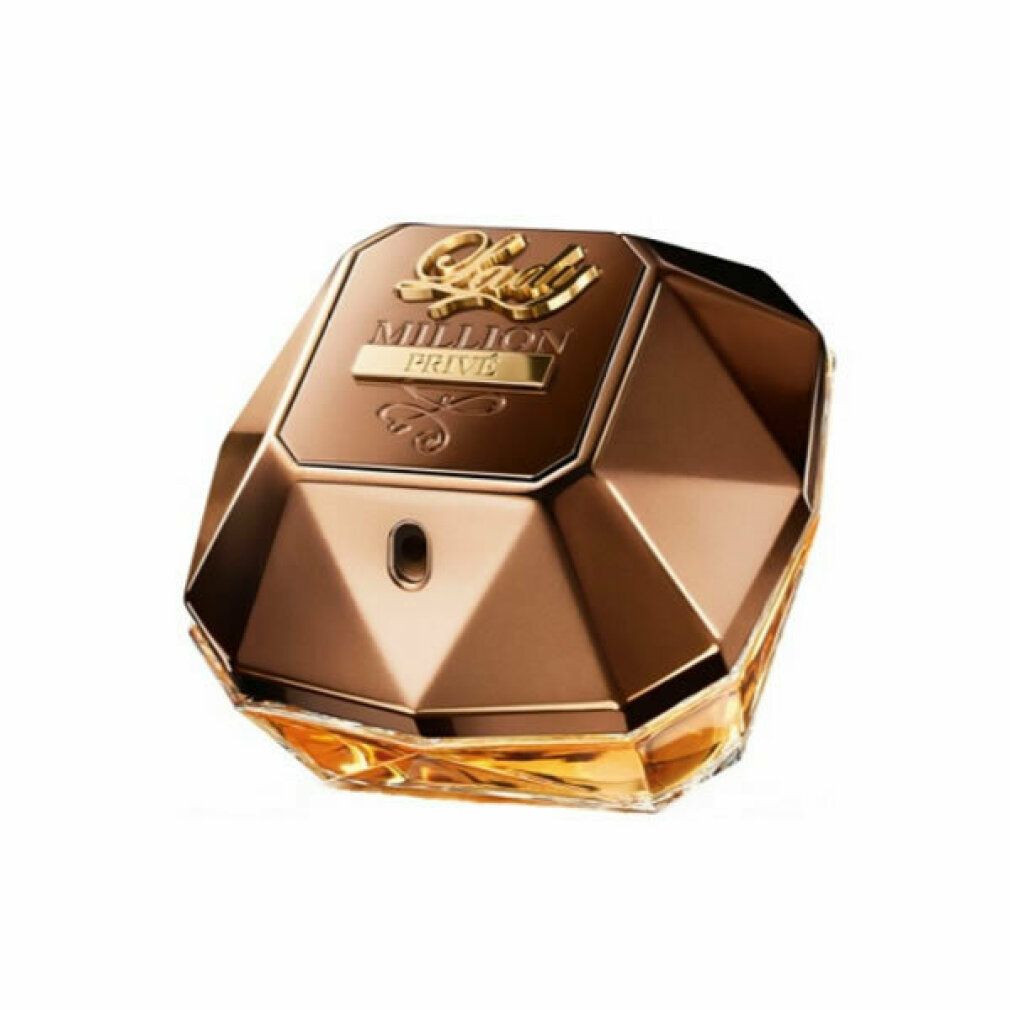 Flacone di profumo marrone. Scritta: Lady Million Privé. Forma angolare, dettagli dorati. Primo piano.