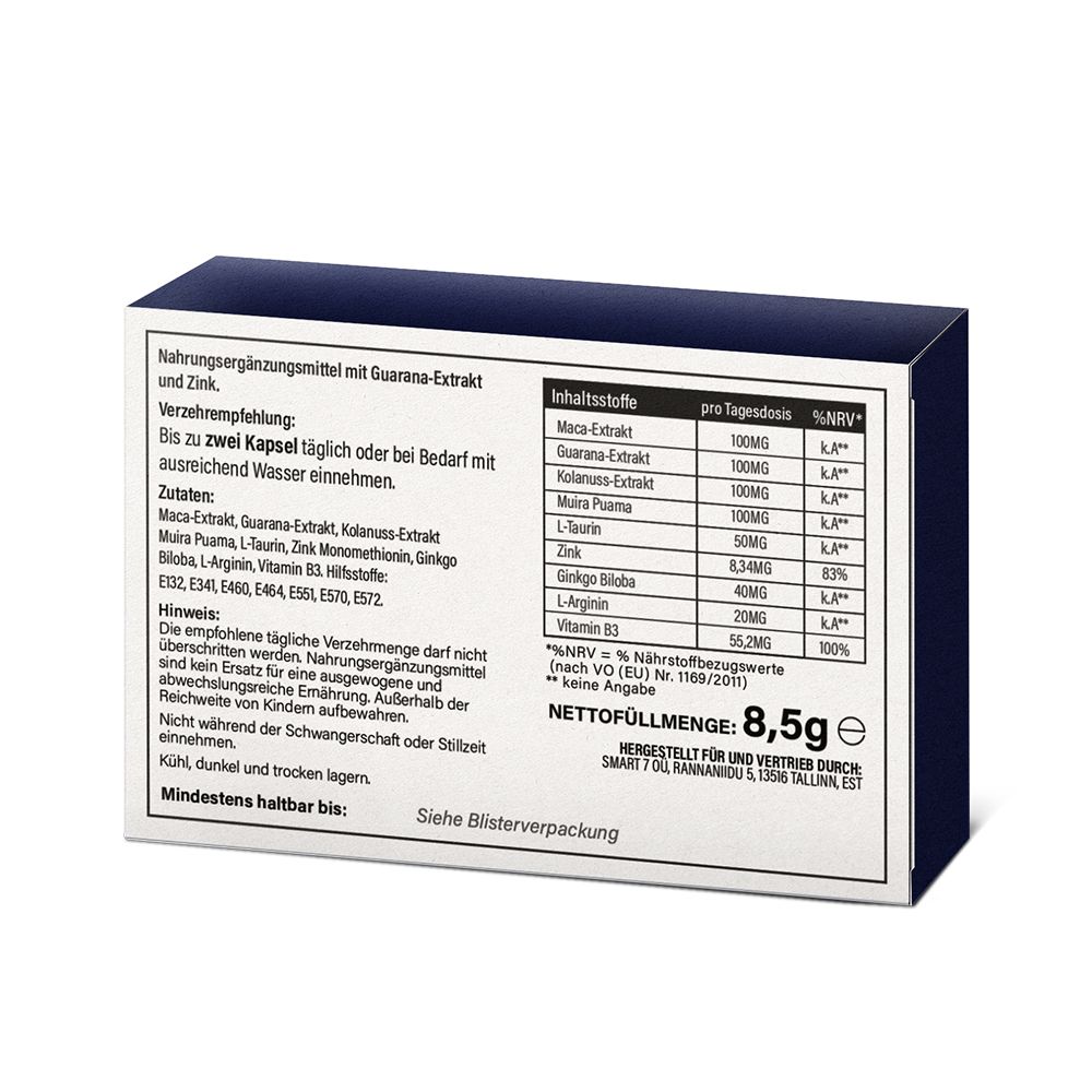 Retro della scatola con elenco ingredienti e tabella nutrizionale. Contiene estratto di guaranà, estratto di maca, zinco, ecc. Peso netto: 8,5g.