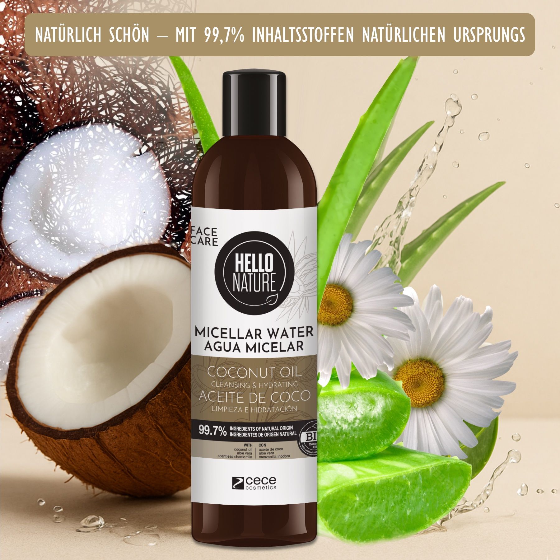 Flacone di acqua micellare. Testo: Agua Micelar, Aceite de Coco. Logo: Hello Nature. Cocco, Aloe Vera.